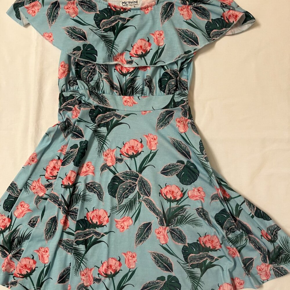 Mirawise Sleeveless Straps Blue Flowers Print Girls Dress Size 140/ 8-9 Years